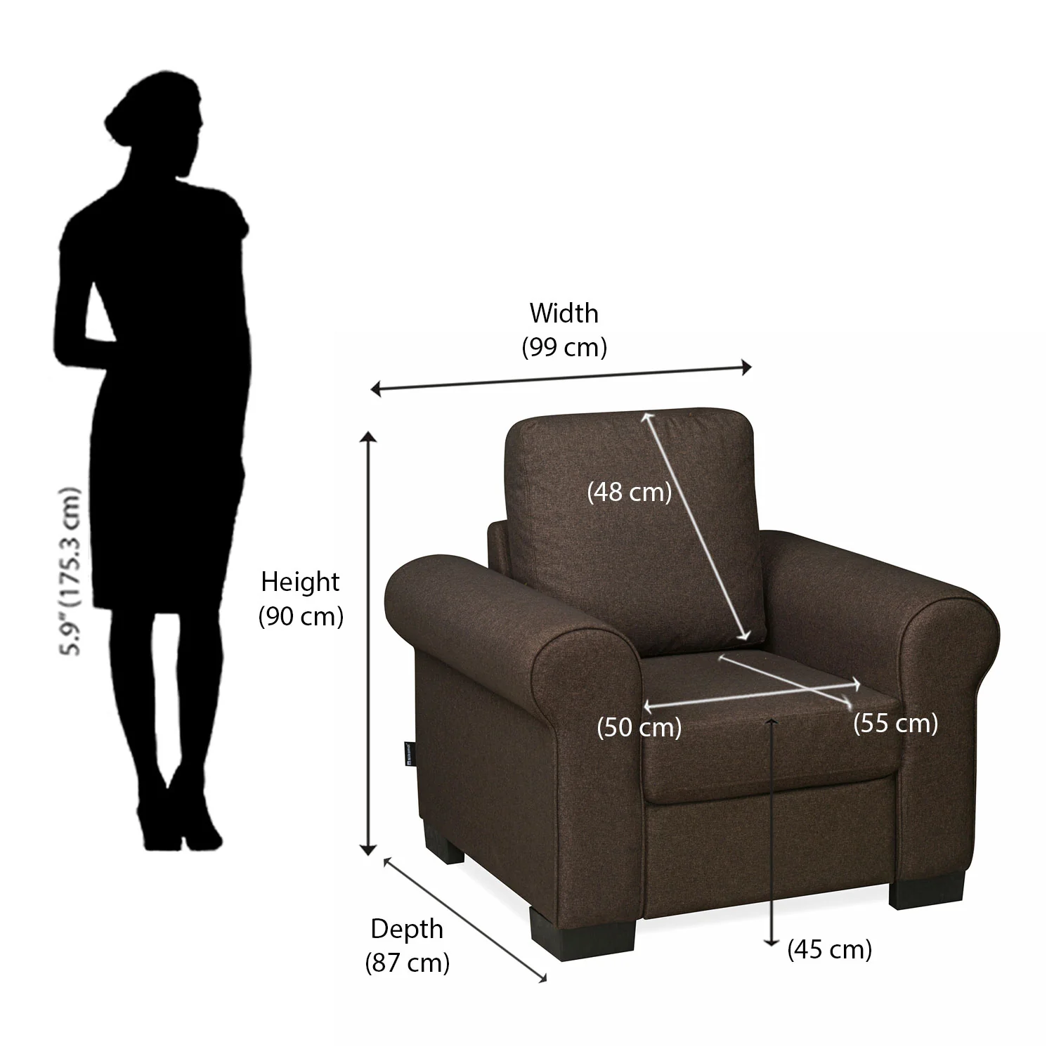 Nilkamal Array 1 Seater Bill Arm Sofa (Dark Brown) - Image 9