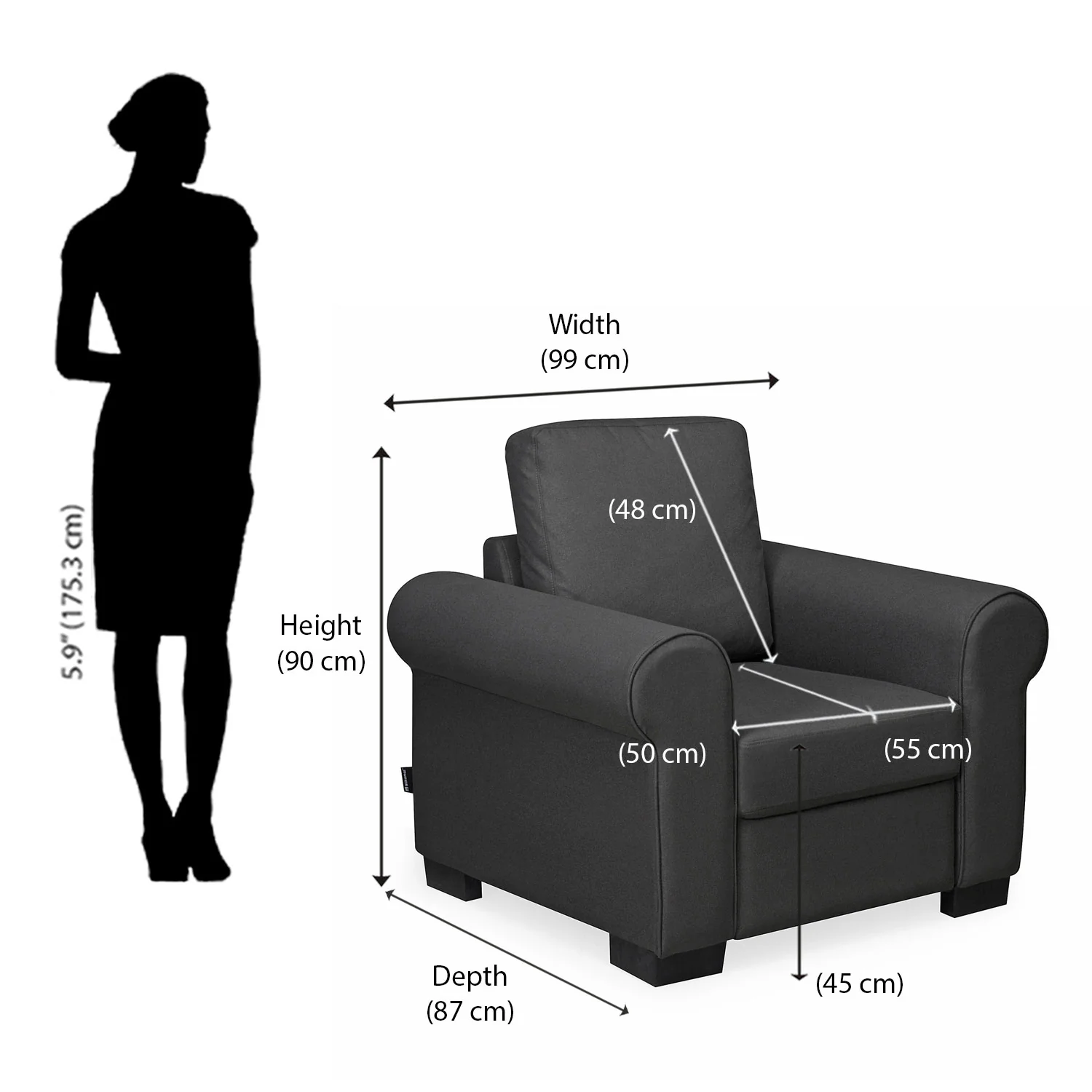 Nilkamal Array 1 Seater Bill Arm Sofa (Dark Grey) - Image 9