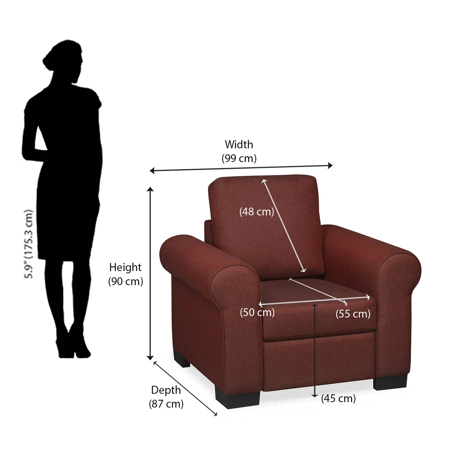 Nilkamal Array 1 Seater Bill Arm Sofa (Maroon) - Image 9