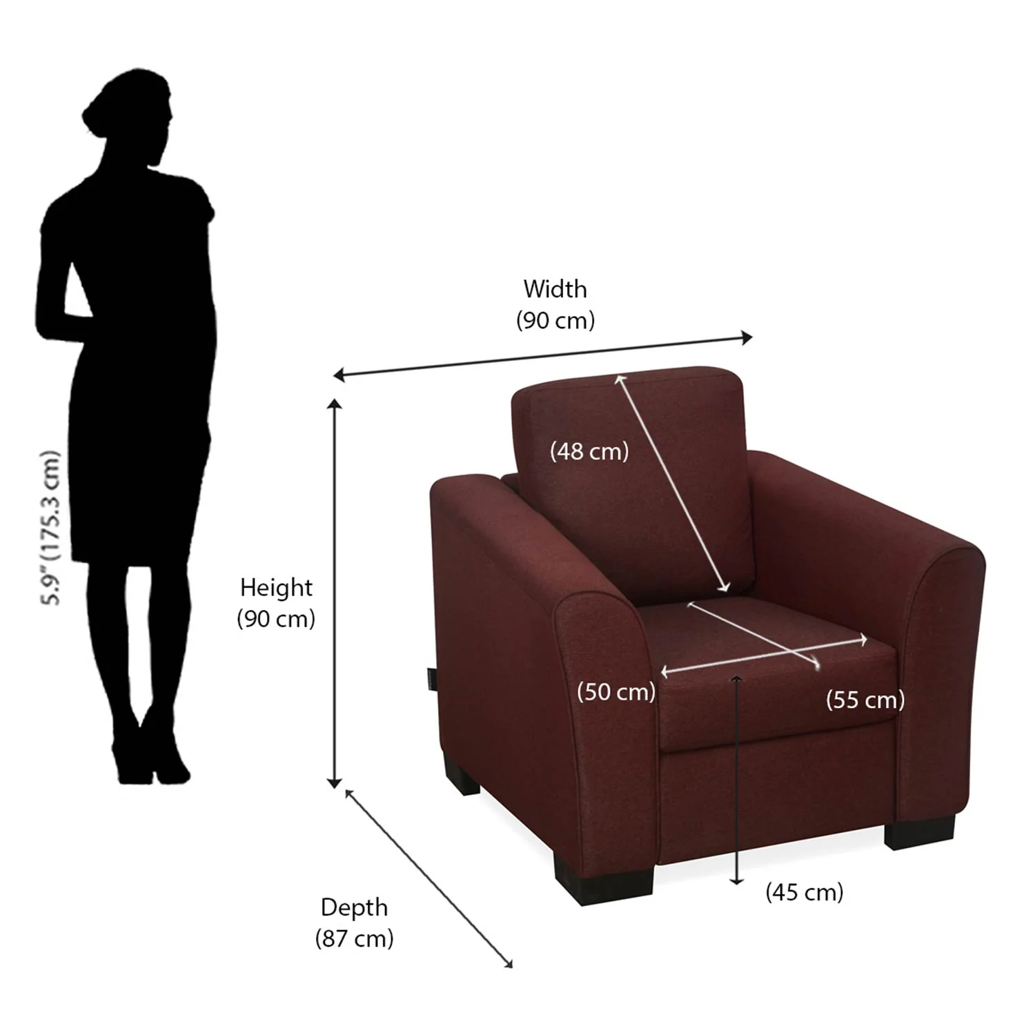 Nilkamal Array 1 Seater Mike Arm Sofa (Maroon) - Image 9