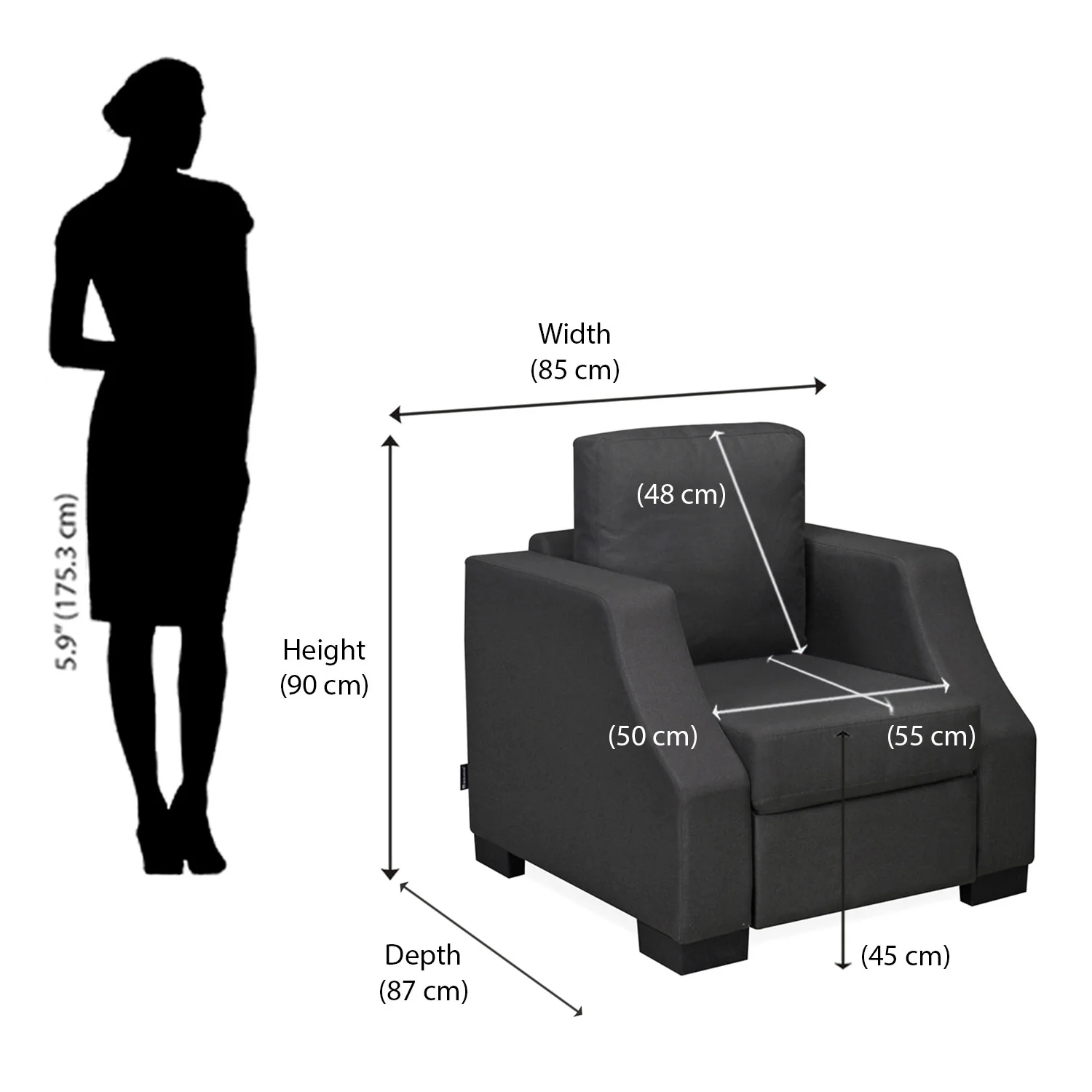 Nilkamal Array 1 Seater Rick Arm Sofa (Dark Grey) - Image 9