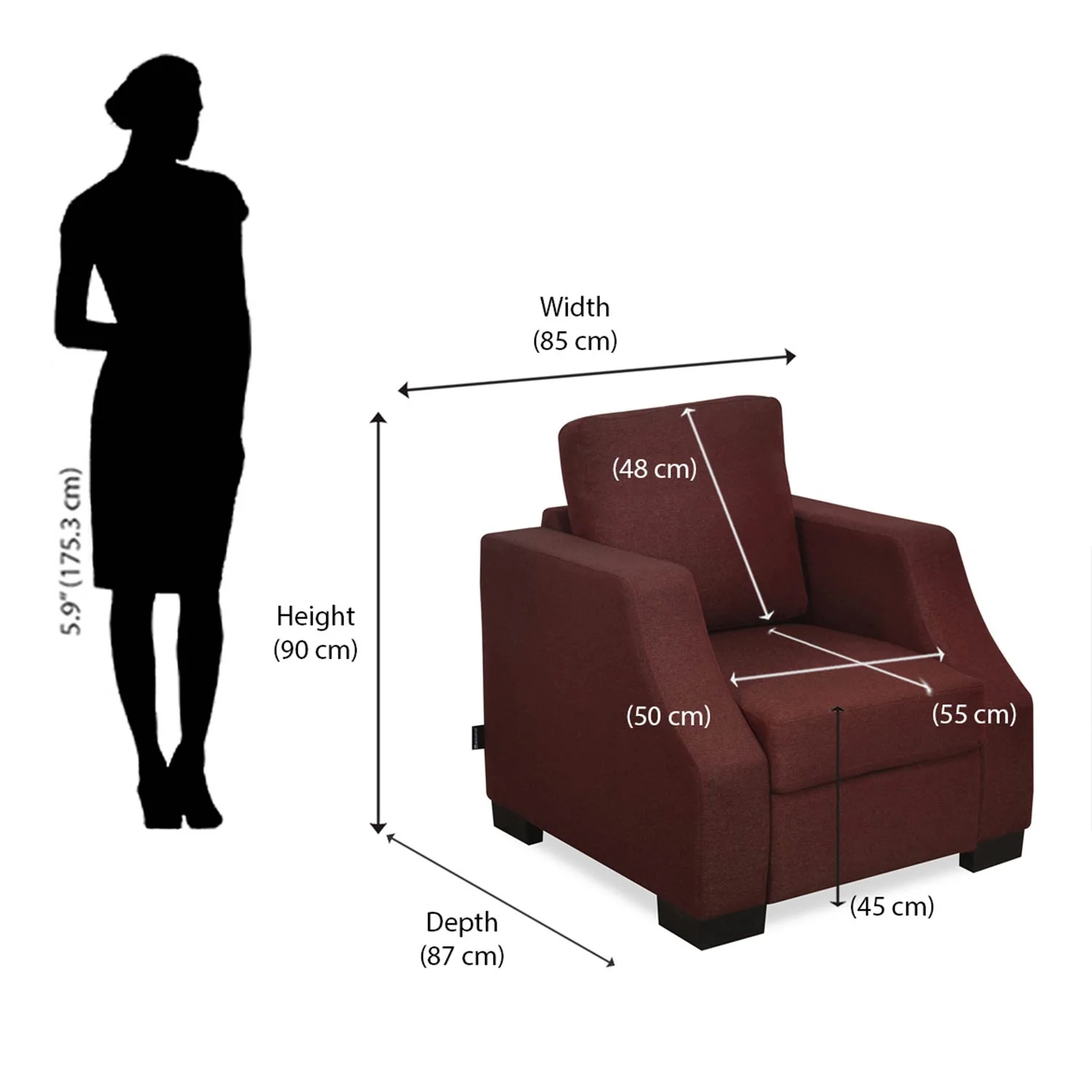Nilkamal Array 1 Seater Rick Arm Sofa (Maroon) - Image 9