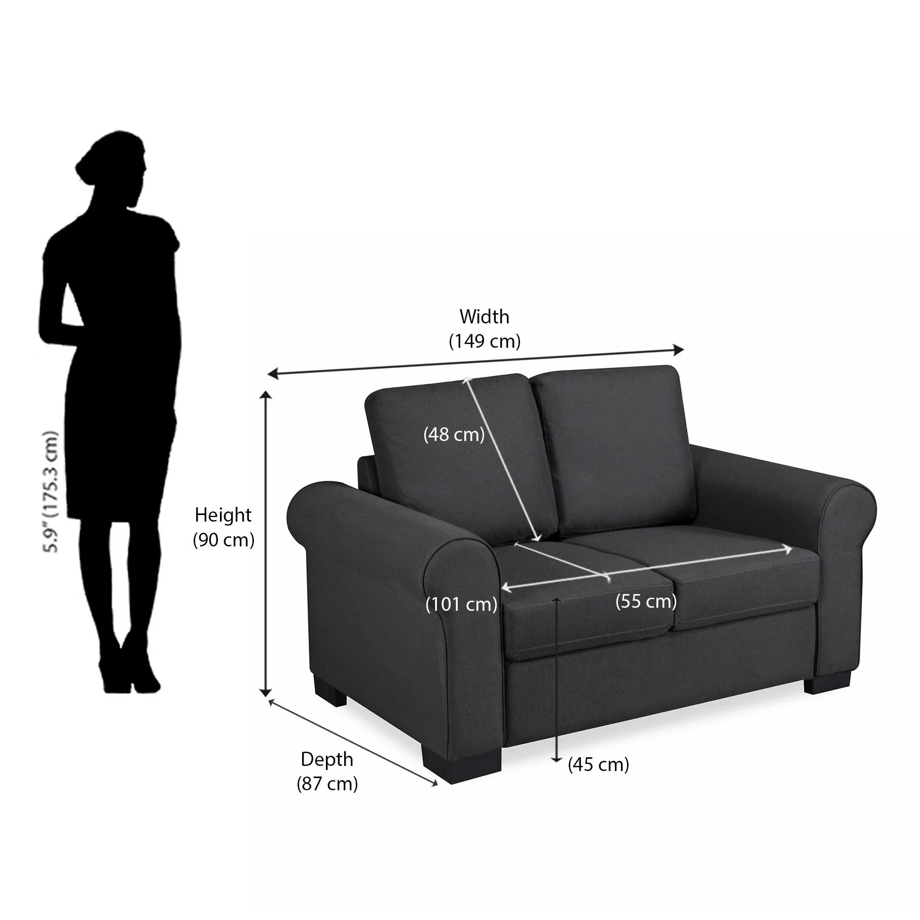 Nilkamal Array 2 Seater Bill Arm Sofa (Dark Grey) - Image 9