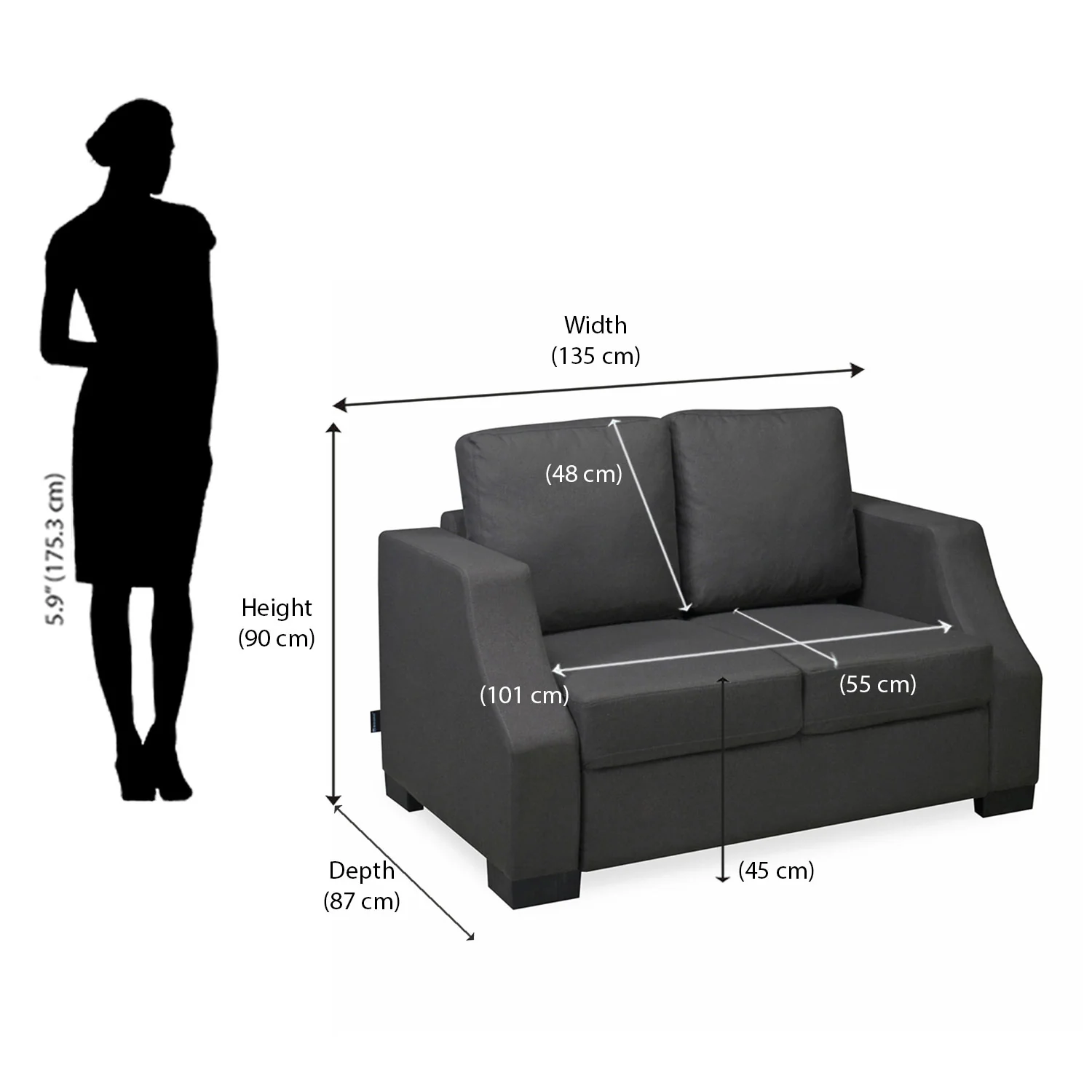 Nilkamal Array 2 Seater Rick Arm Sofa (Dark Grey) - Image 9