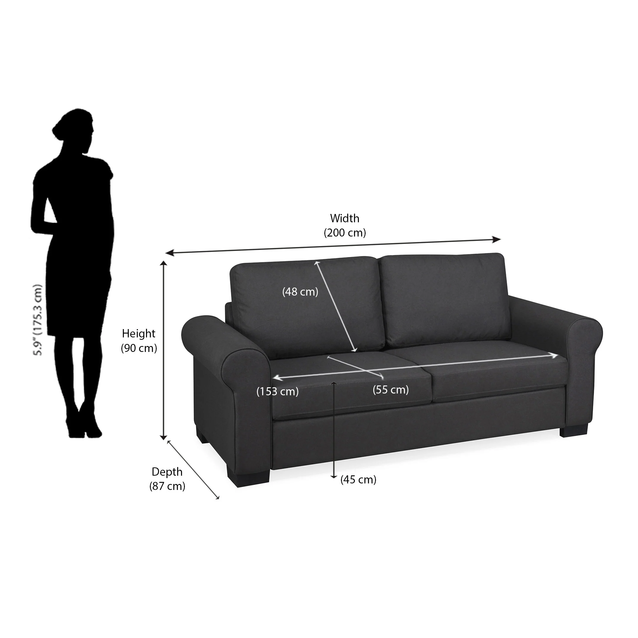 Nilkamal Array 3 Seater Bill Arm Sofa (Dark Grey) - Image 8