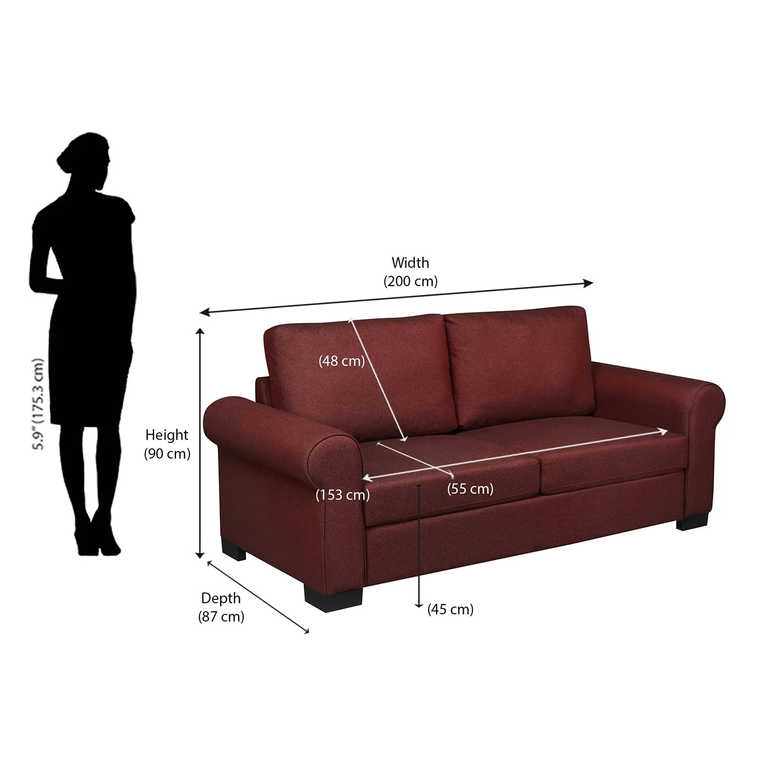 Nilkamal Array 3 Seater Bill Arm Sofa (Maroon) - Image 8