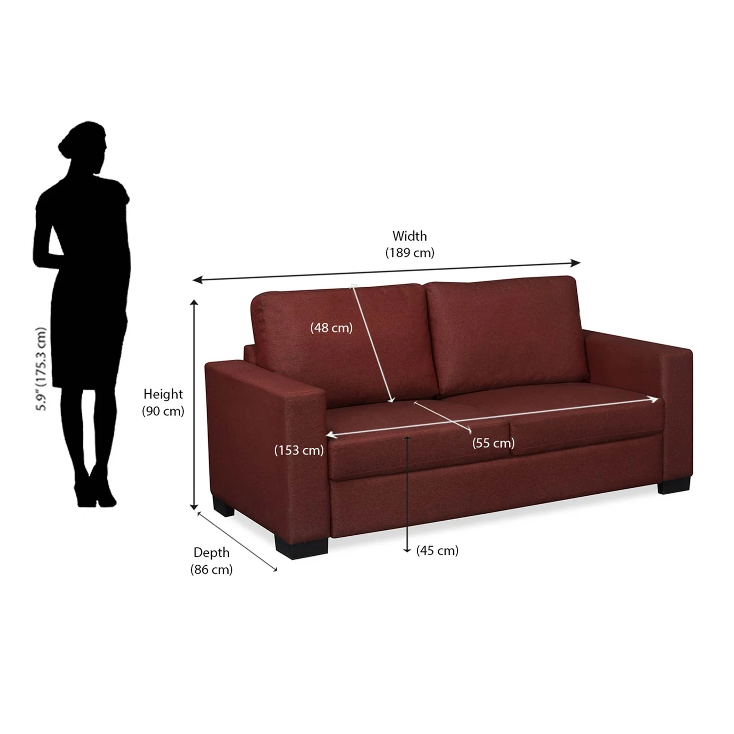 Nilkamal Array 3 Seater Ron Arm Sofa (Maroon) - Image 8