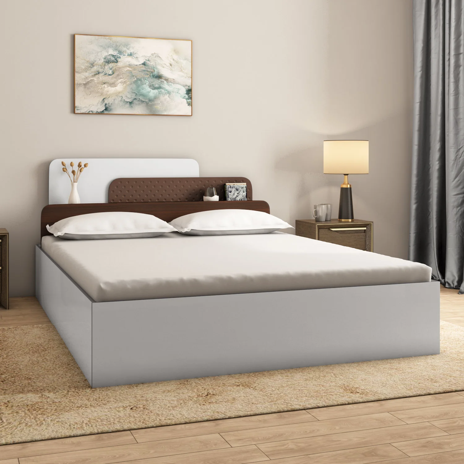 Nilkamal Bruce King Bed with Box Storage (Walnut & Cappuccino)