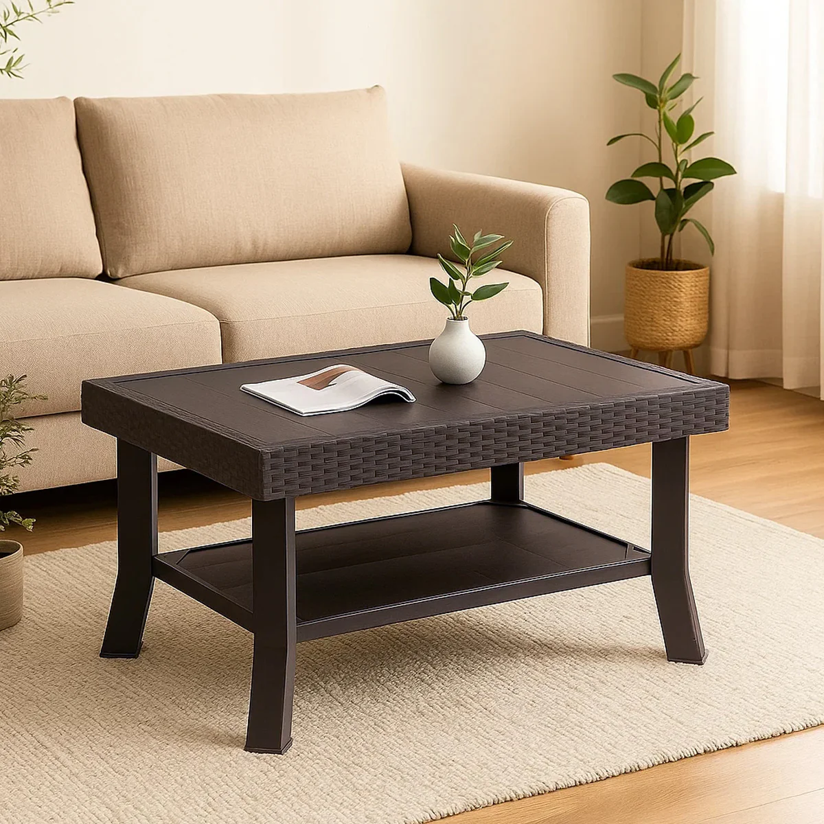 Nilkamal Center Table 1 Cane & Glass (Weather Brown)