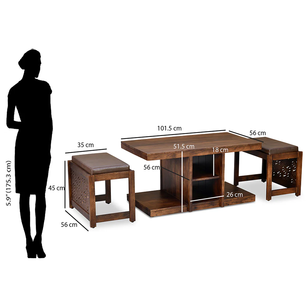 Nilkamal Corner Solid Wood Coffee Table with 2 Set Stools (Walnut) - Image 17