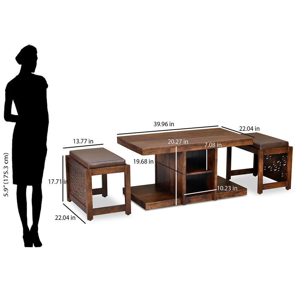 Nilkamal Corner Solid Wood Coffee Table with 2 Set Stools (Walnut) - Image 18
