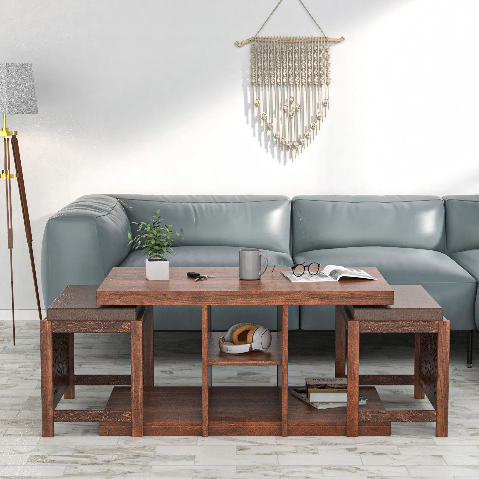 Nilkamal Corner Solid Wood Coffee Table with 2 Set Stools (Walnut) - Image 2