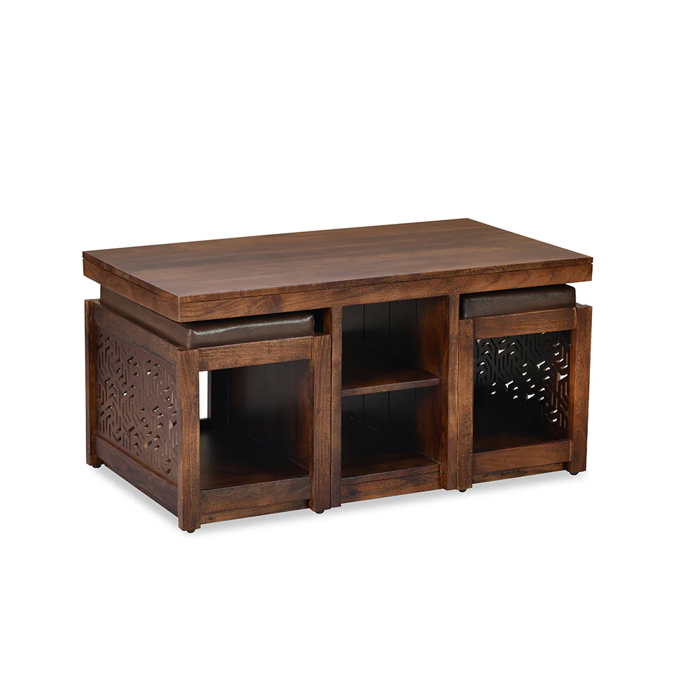 Nilkamal Corner Solid Wood Coffee Table with 2 Set Stools (Walnut) - Image 3