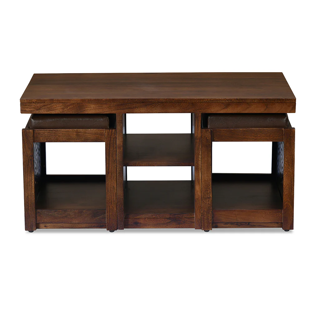 Nilkamal Corner Solid Wood Coffee Table with 2 Set Stools (Walnut) - Image 4