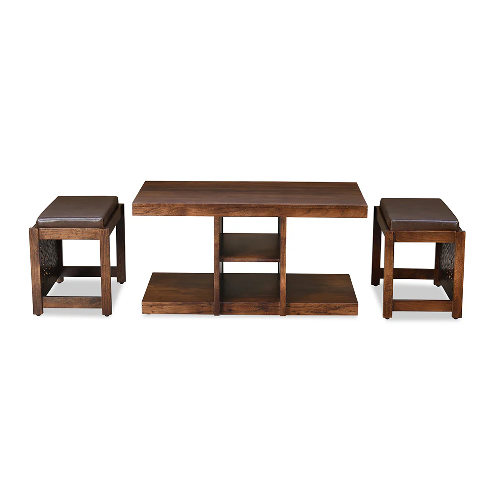 Nilkamal Corner Solid Wood Coffee Table with 2 Set Stools (Walnut) - Image 5