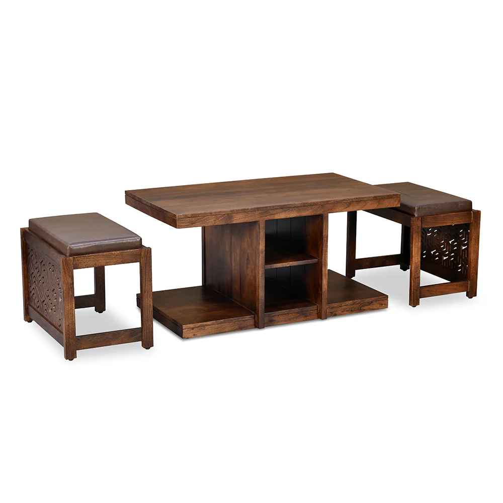 Nilkamal Corner Solid Wood Coffee Table with 2 Set Stools (Walnut) - Image 6