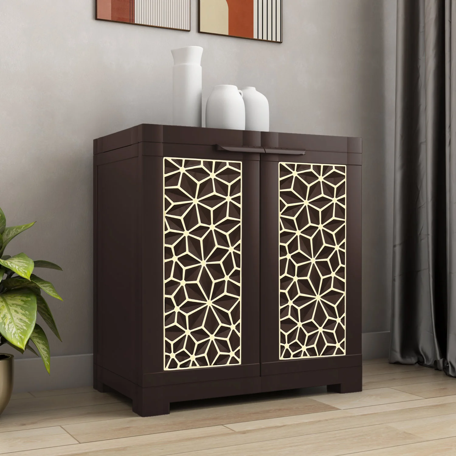 Nilkamal Freedom Star Small (FMSSTAR) Plastic Storage Cabinet (Weather Brown & Biscuit)