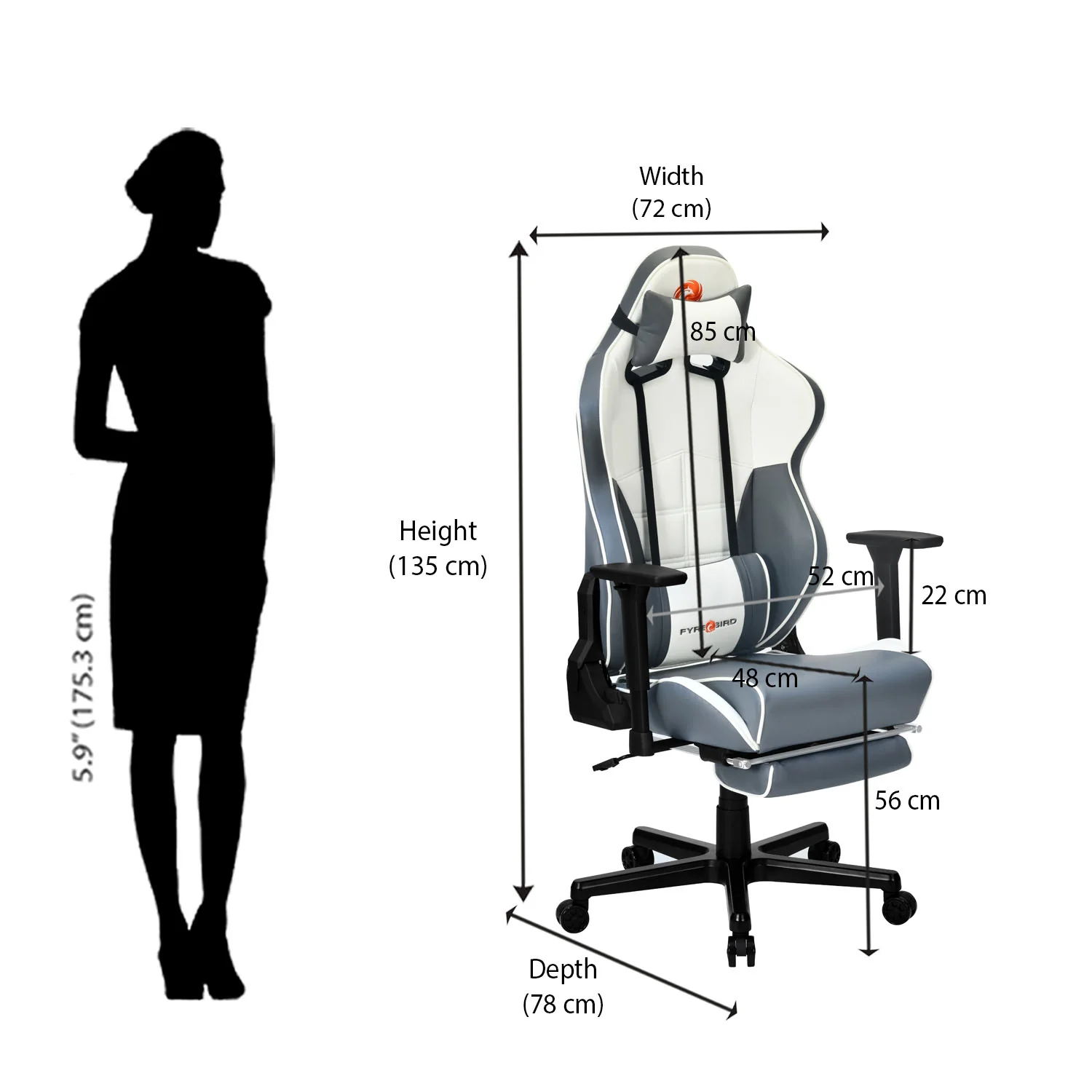 Nilkamal Fyrebird Greta Gaming Chair (Grey / White) - Image 17