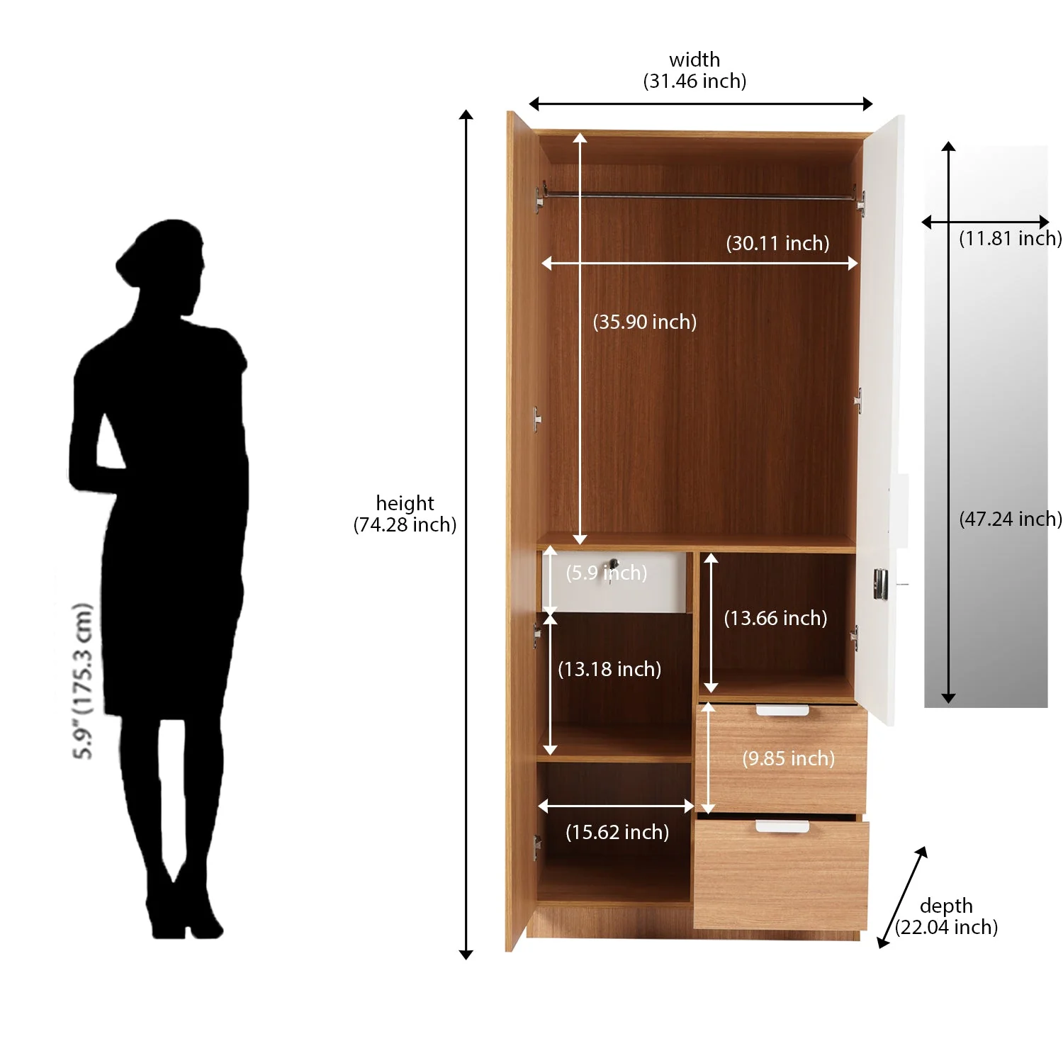 Nilkamal Indio 2 Door Wardrobe With Mirror (Teak & White) - Image 9