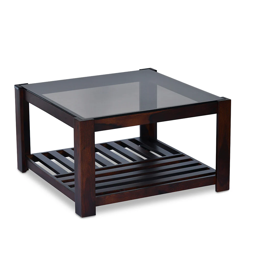 Nilkamal Kylie Glass Top Solid Wood Coffee Table (Walnut) - Image 2