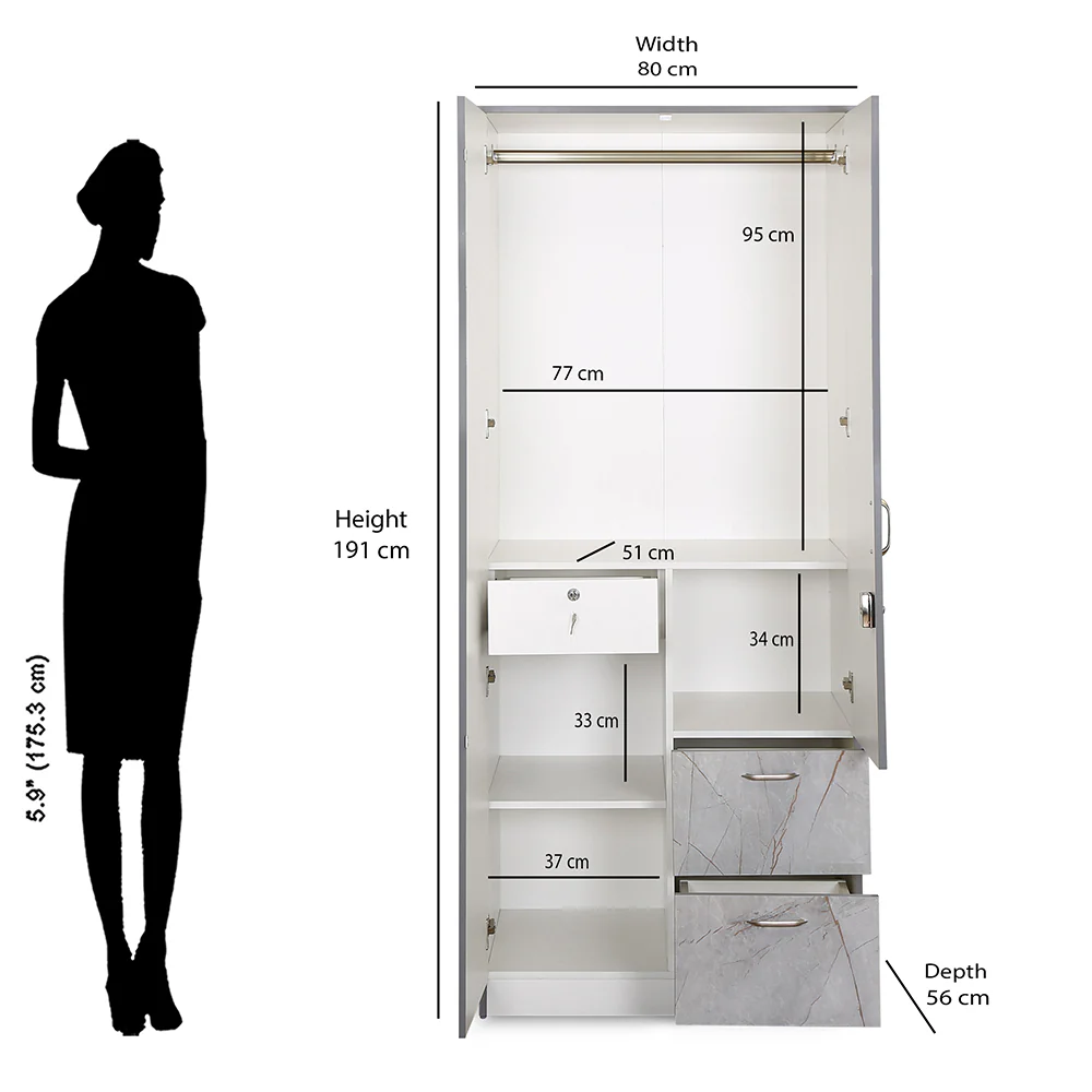 Nilkamal Marbito 2 Door Wardrobe With Mirror (White) - Image 12
