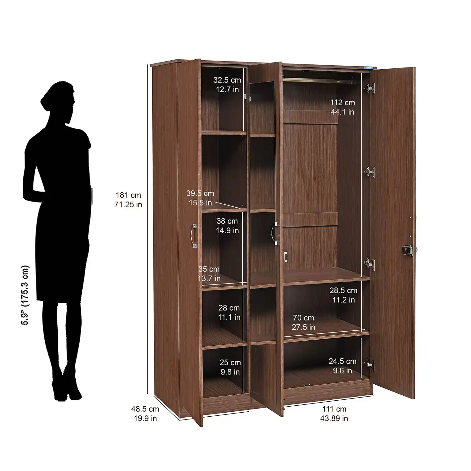 Nilkamal Massif 3 Door Wardrobe with Mirror (Legno Oak) - Image 10