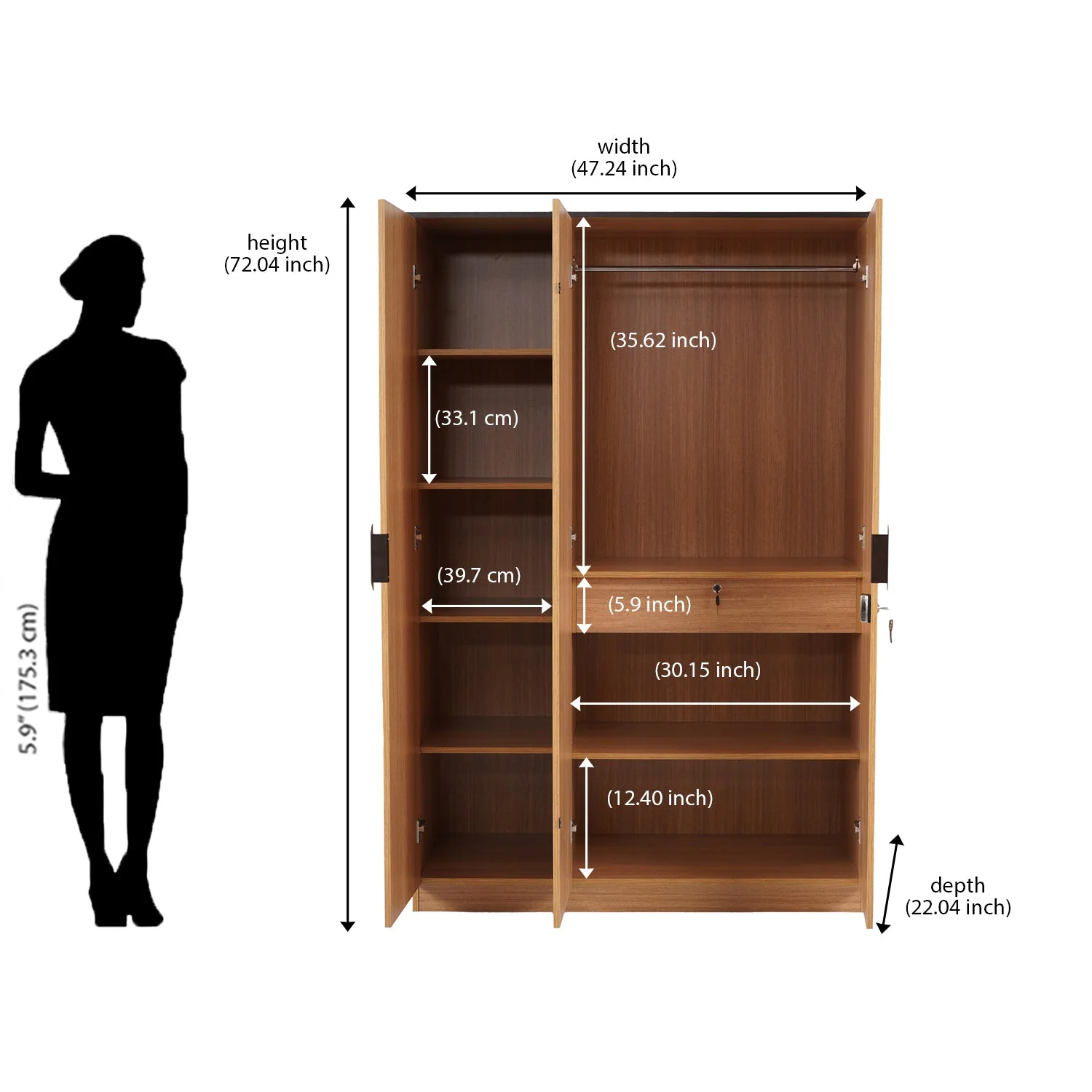 Nilkamal Milford 3 Door Wardrobe (Urban Teak) - Image 11