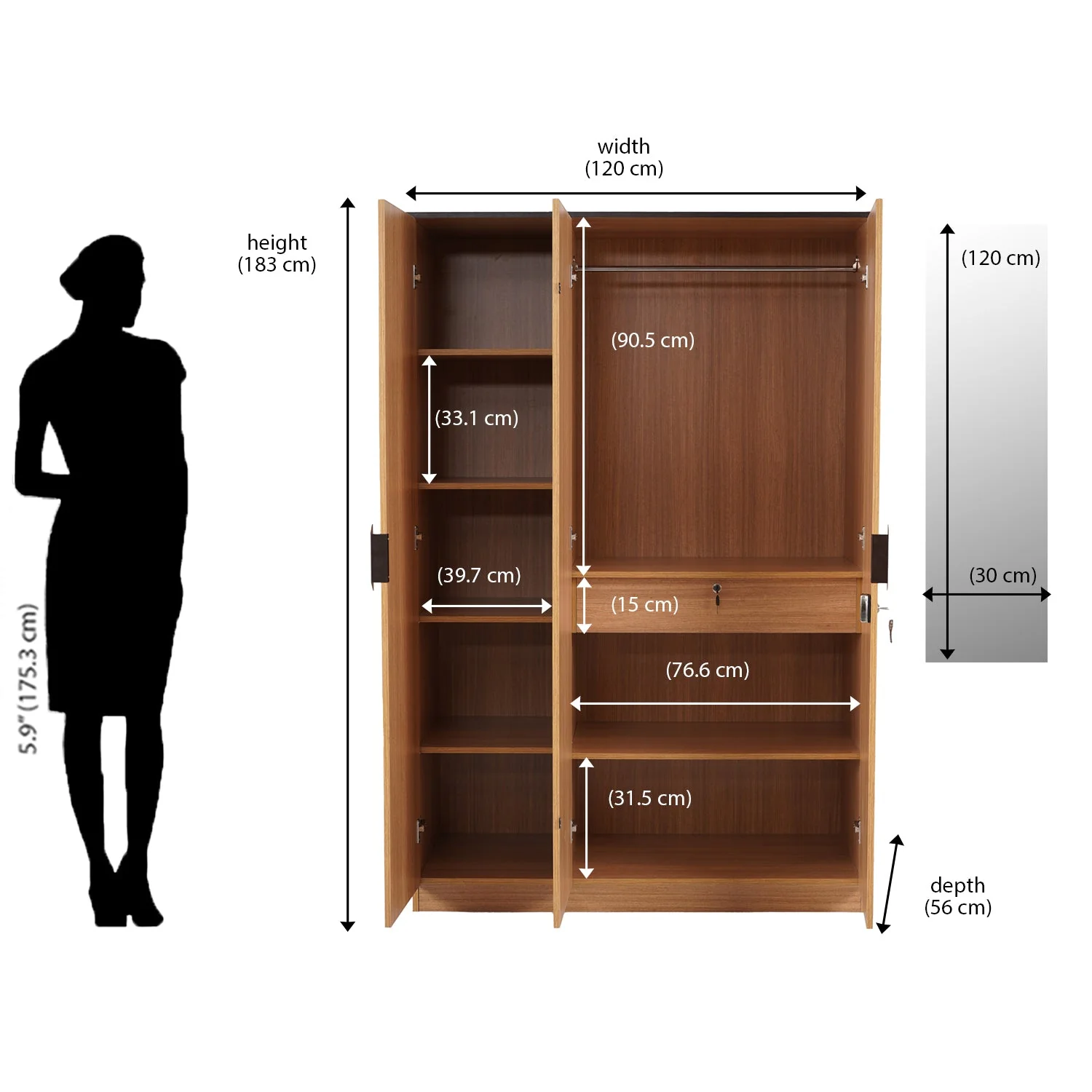 Nilkamal Milford 3 Door Wardrobe With Mirror (Urban Teak) - Image 10