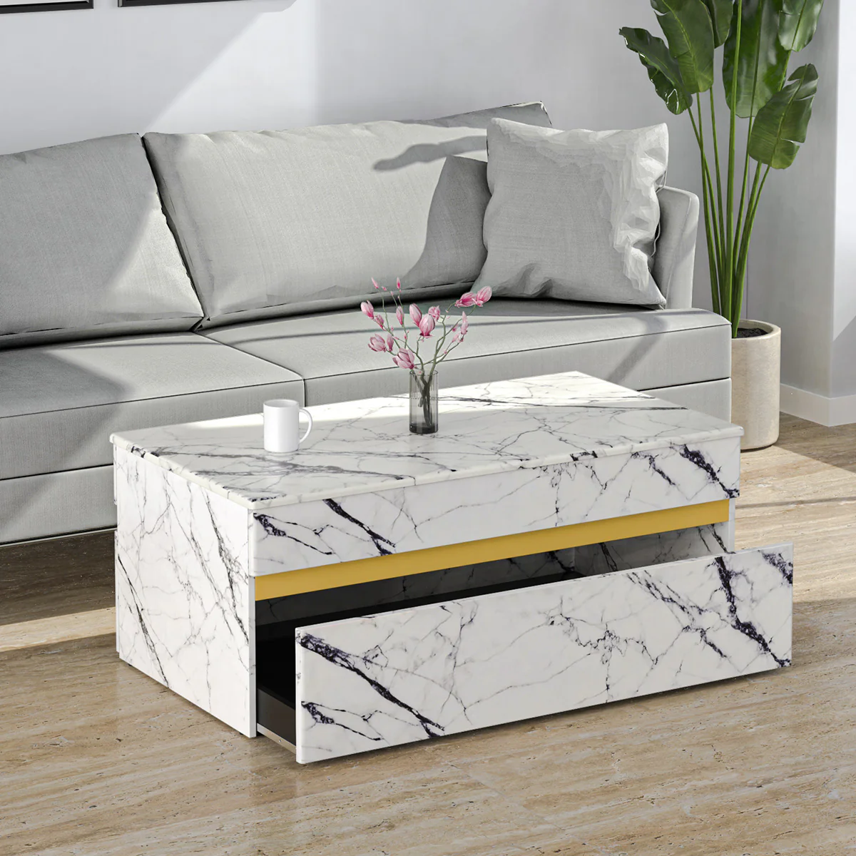 Nilkamal Mondrian Marble Pattern Top Center Table (White) - Image 2