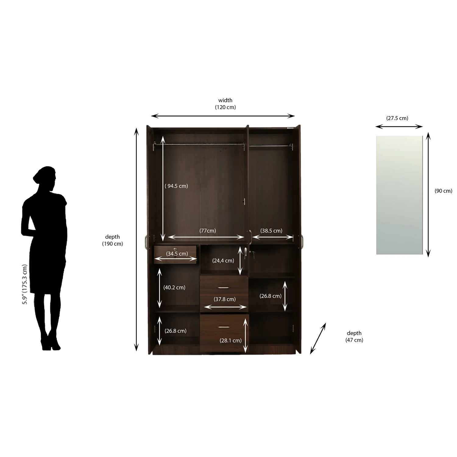 Nilkamal Mozart 3 Door Wardrobe with Mirror (Walnut) - Image 9