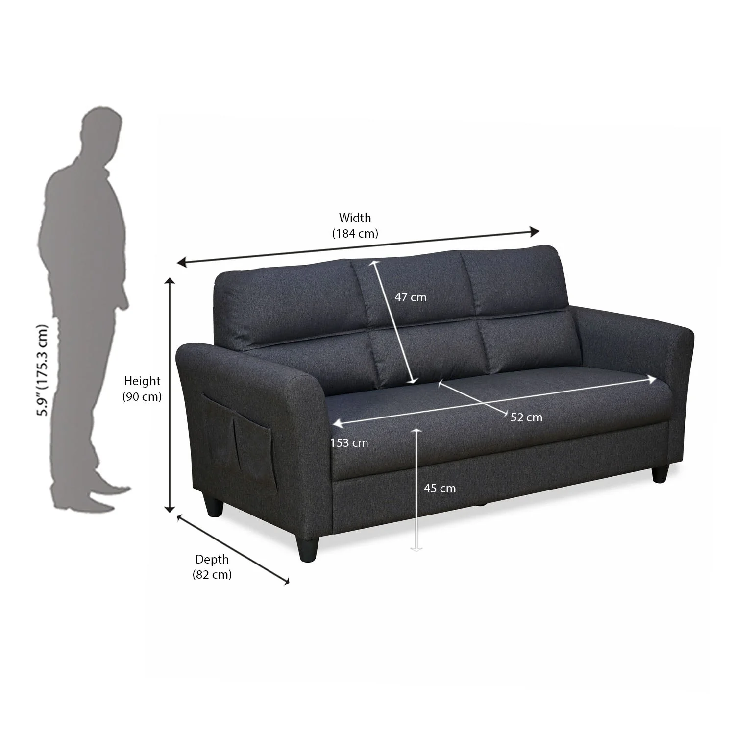 Nilkamal Oliver 3 Seater Fabric Sofa with Side Pocket (Charcoal Brown) - Image 8