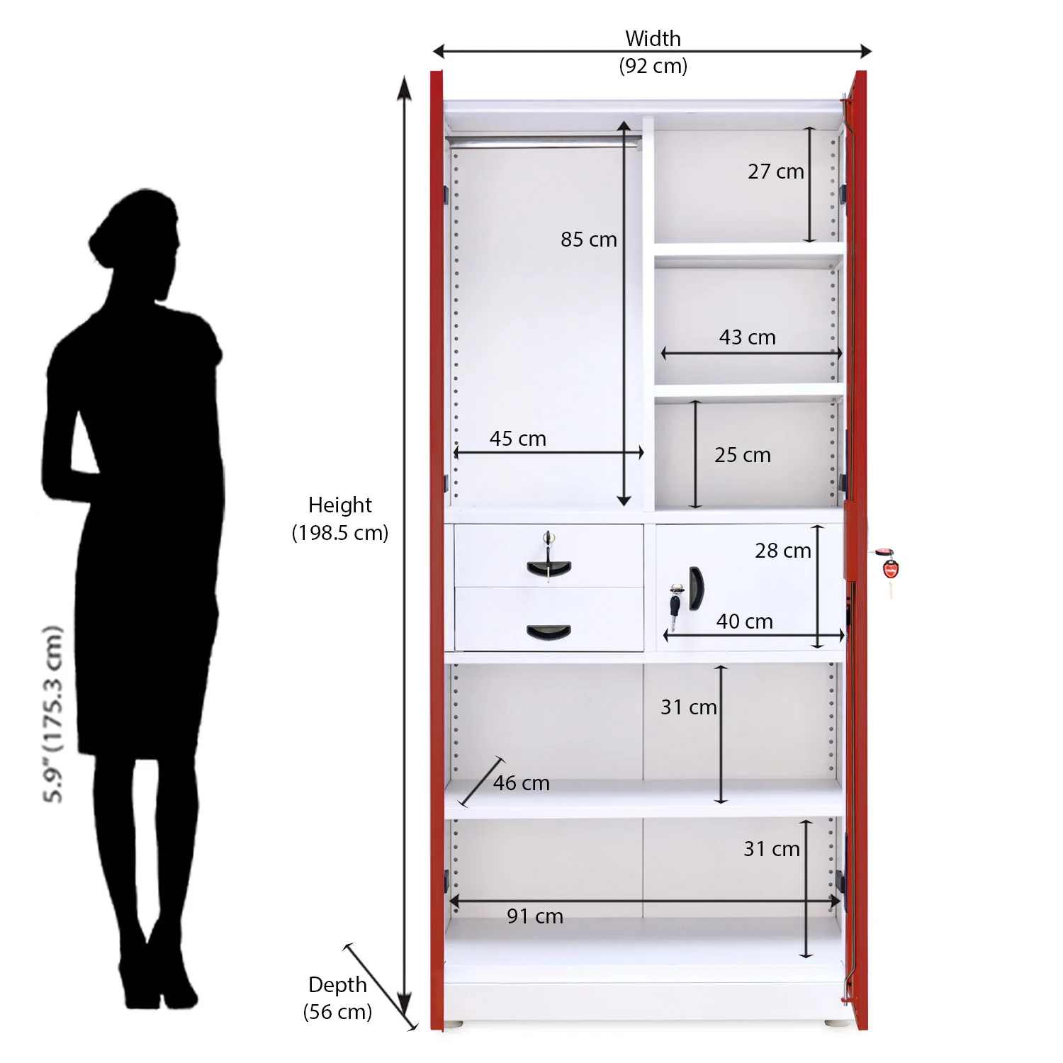 Nilkamal Olympus 2 Door with Mirror Steel Wardrobe (Cherry Red / White) - Image 15