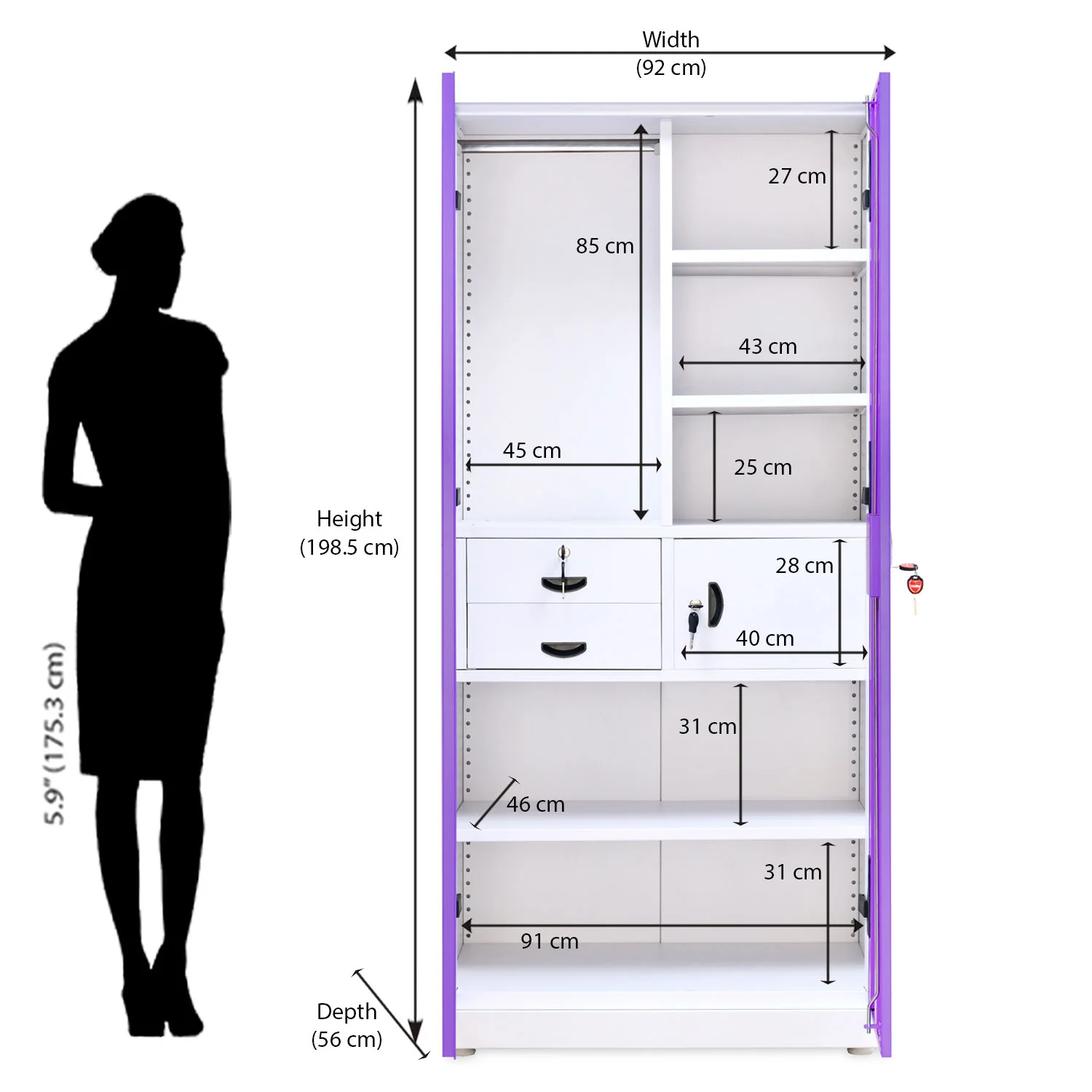 Nilkamal Olympus 2 Door with Mirror Steel Wardrobe (Voilet / White) - Image 15
