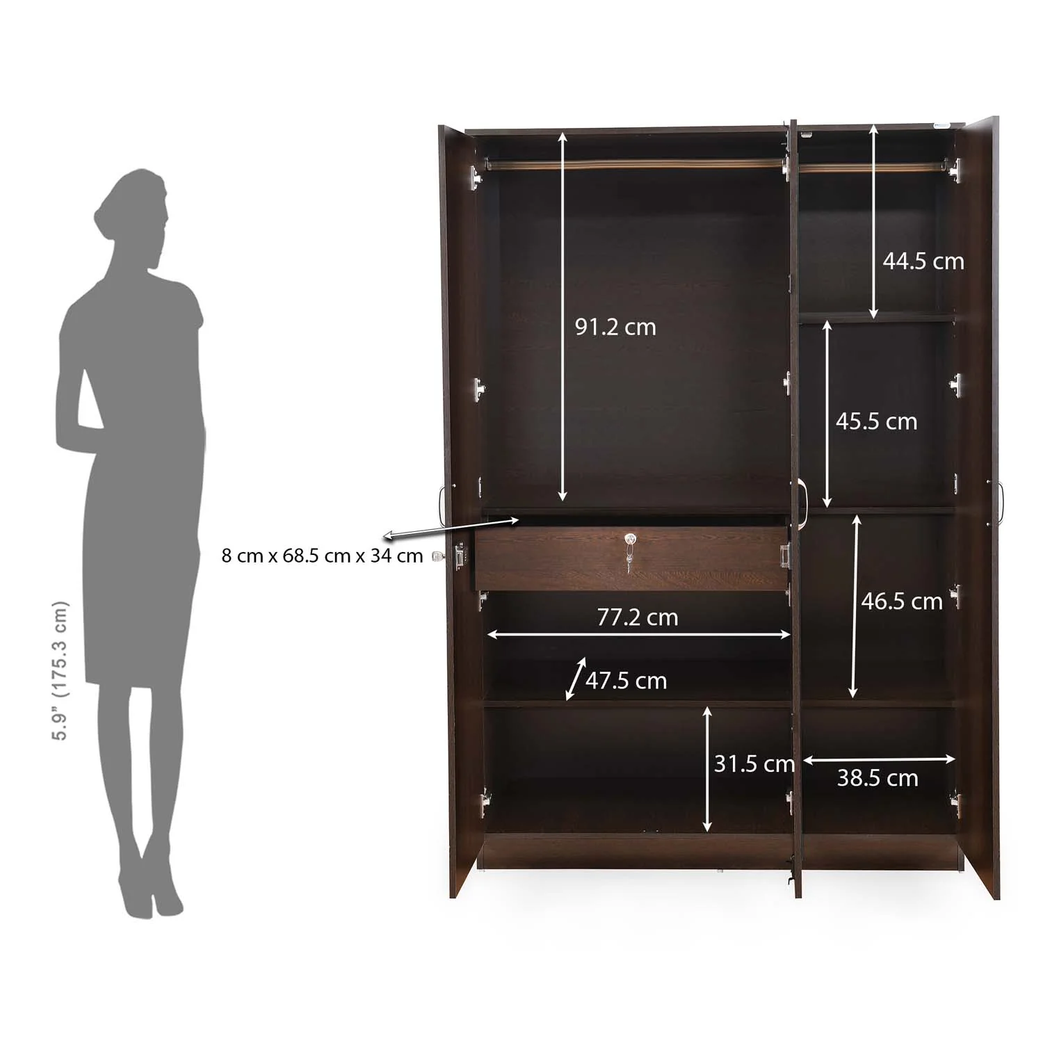 Nilkamal Riva 3 Door Wardrobe with Mirror (Wenge) - Image 14