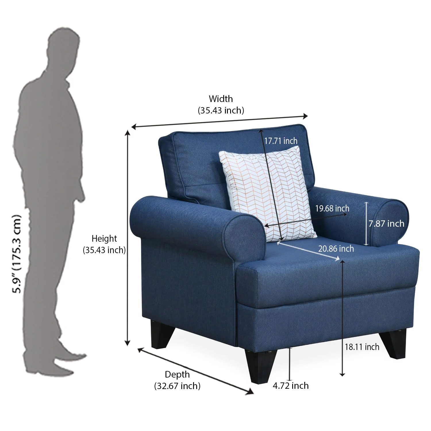 Nilkamal Velma 1 Seater Fabric Sofa with Cushion (Blue) - Image 10