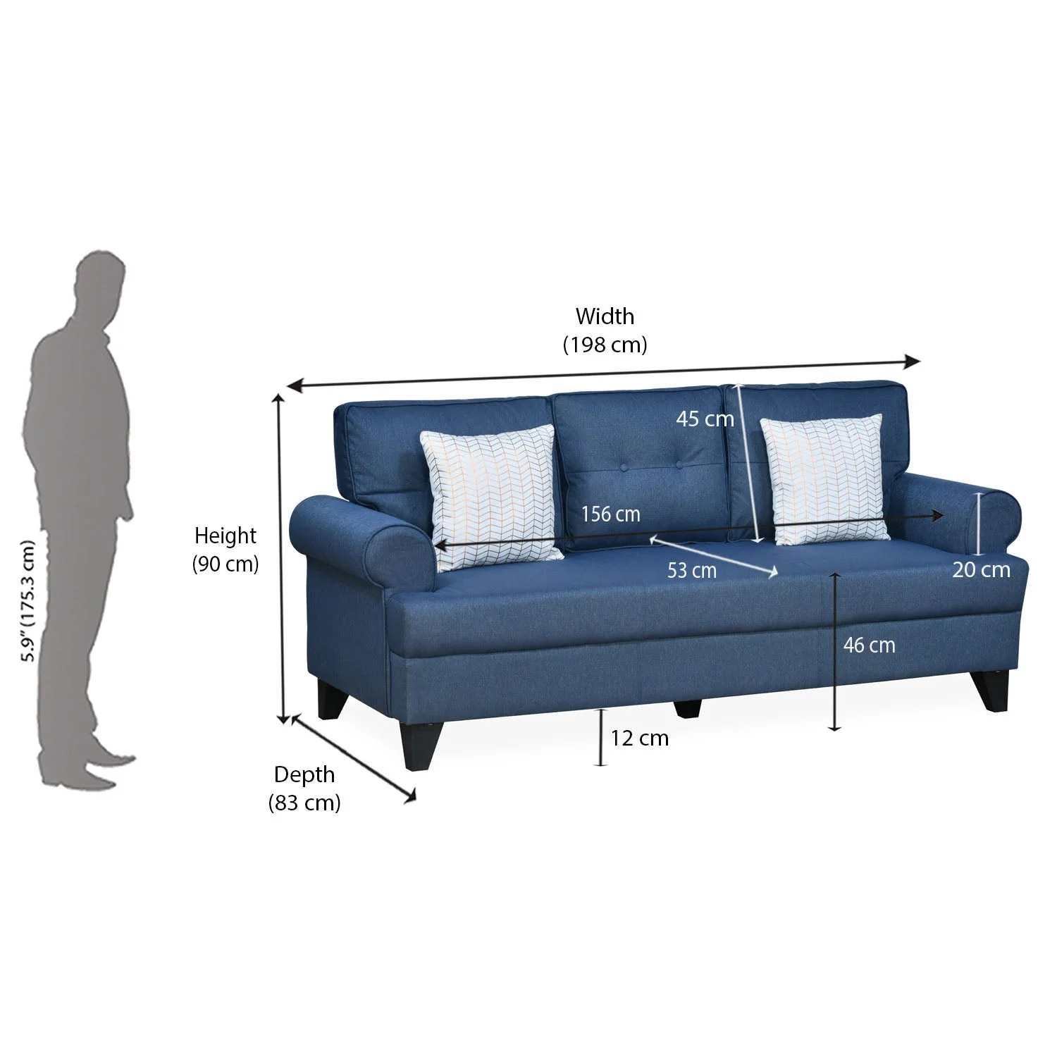 Nilkamal Velma 3 Seater Fabric Sofa with Cushion (Blue) - Image 9
