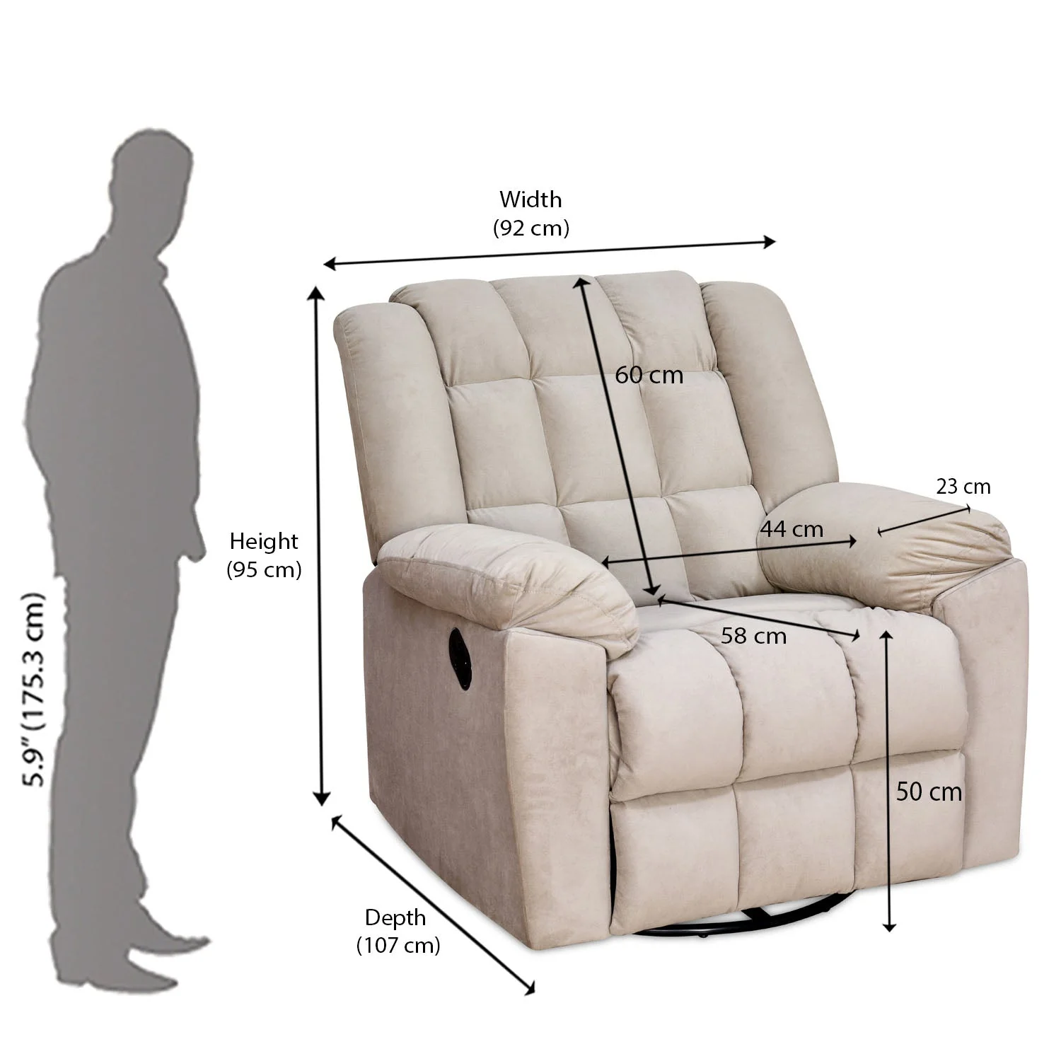 Nilkamal Vivo 1 Seater Fabric Manual Rocker & Swivel Recliner (Beige) - Image 11