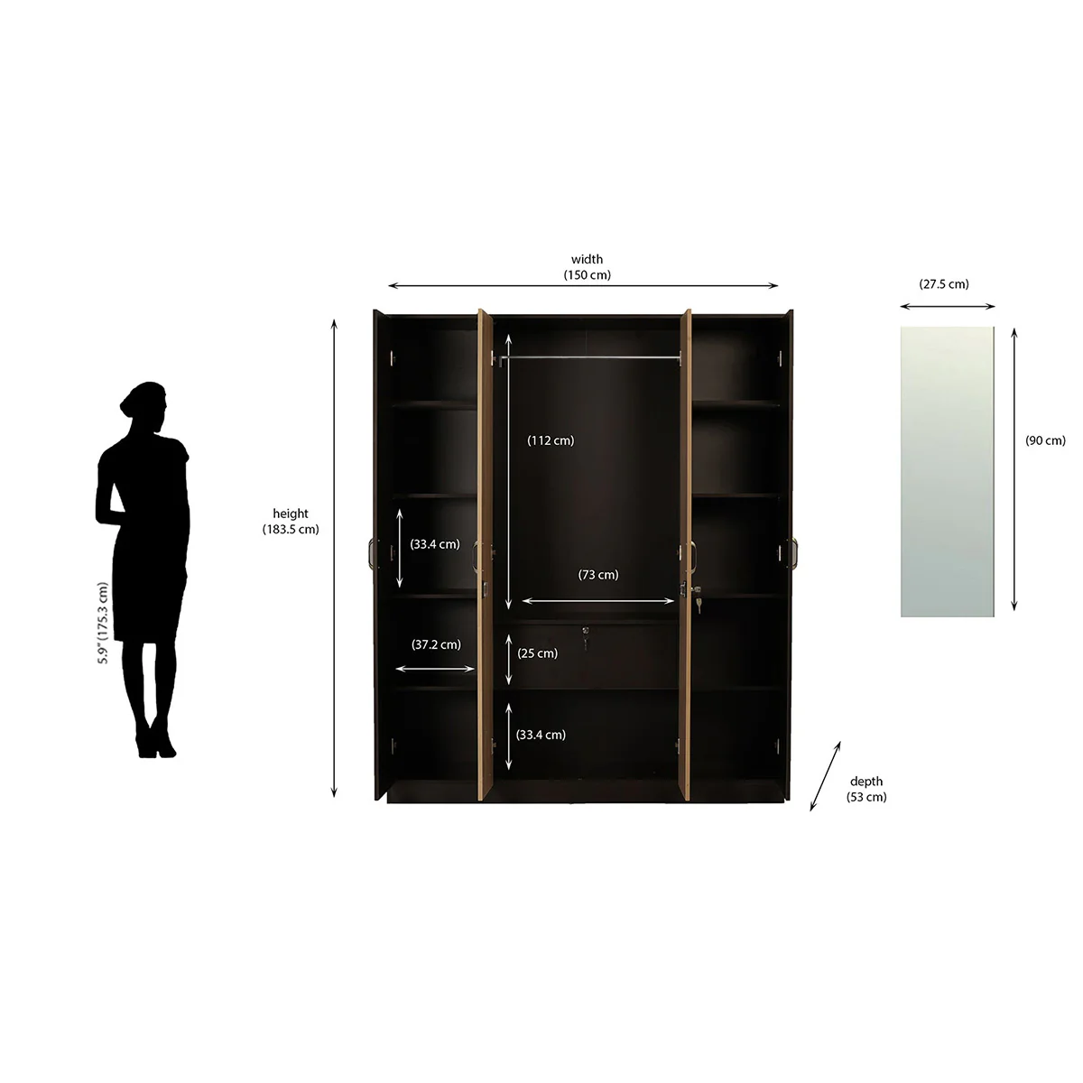 Nilkamal Willy 4 Door Mirror Wardrobe (New Wenge / Sonama Oak) - Image 8