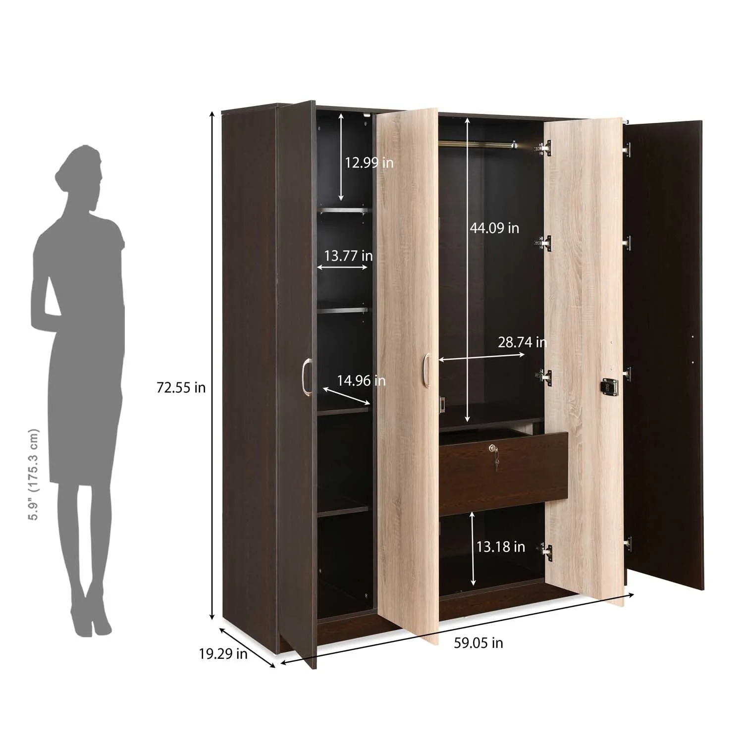 Nilkamal Willy 4 Door Wardrobe without Mirror (Wenge & Sonoma Oak) - Image 5